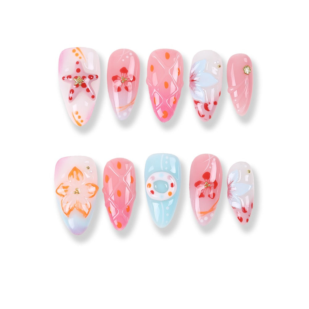 365nails pink blossom 3d hand‑painted long tips