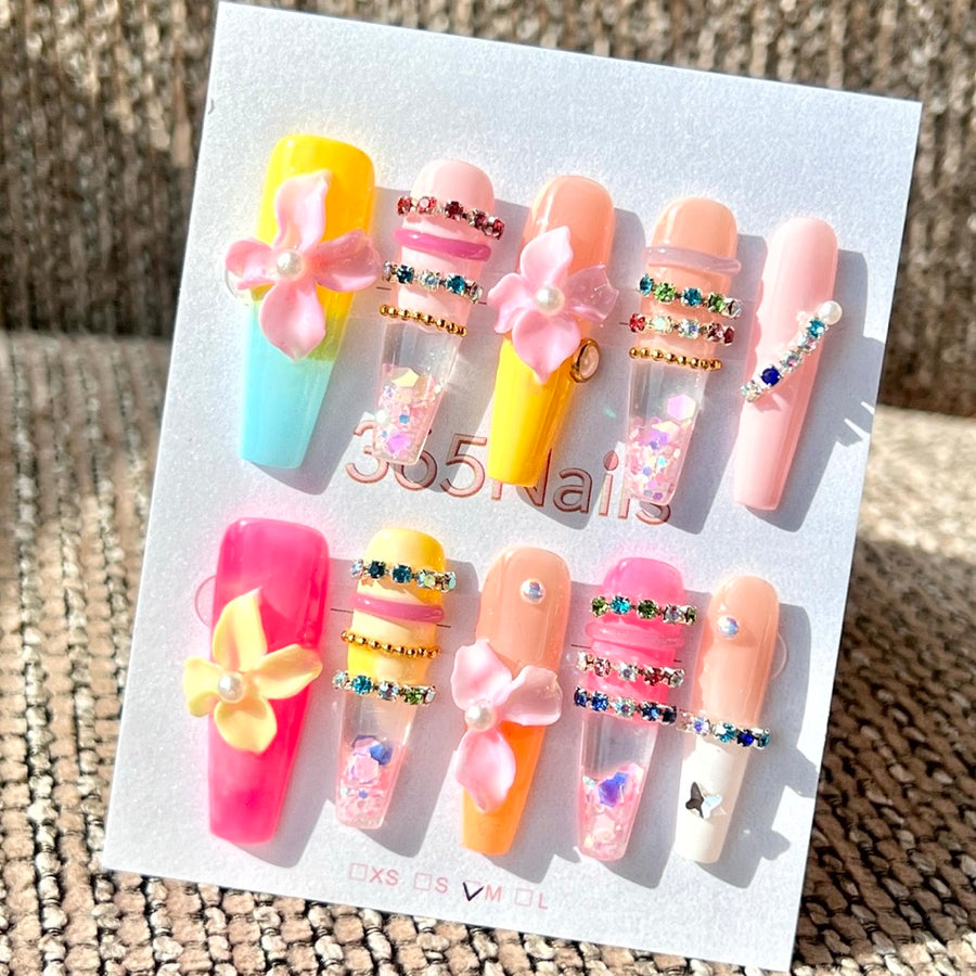 365nails — Orchidée arc‑en‑ciel pastel — ongles press-on fait main effet liquide mi-longs forme carrée - 3.5cm