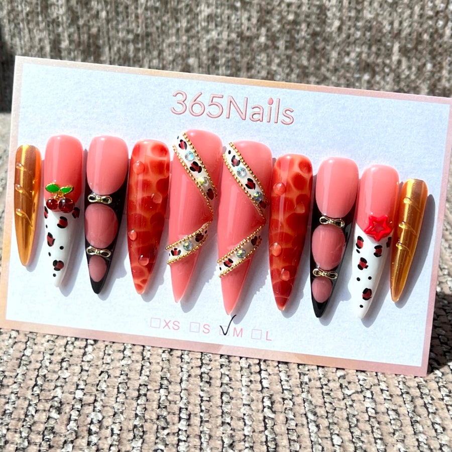365nails: "Strawberry Gold" – 3D Bow & Metallic Handmade Long Stiletto Nails