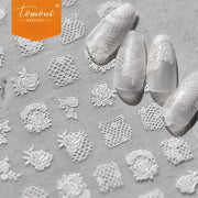White Lace & Rose Nail Stickers – 5D Embossed Bridal Set