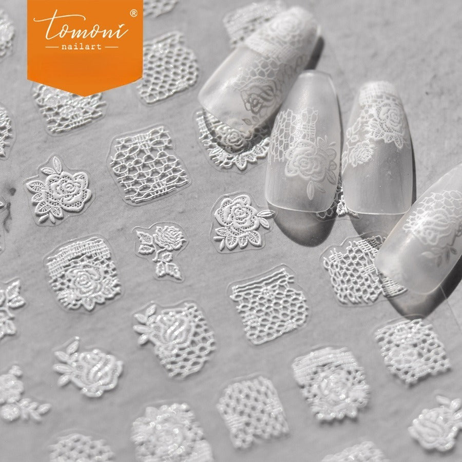 White Lace & Rose Nail Stickers – 5D Embossed Bridal Set