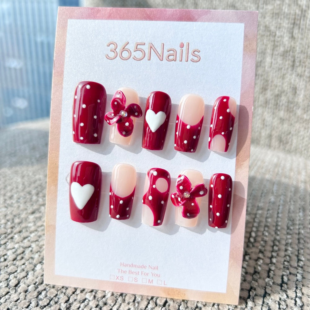 Sculpted Flora: "Cherry Polka Love" – 3D Burgundy Floral, White Heart & Polka Dot French Long Square Nails