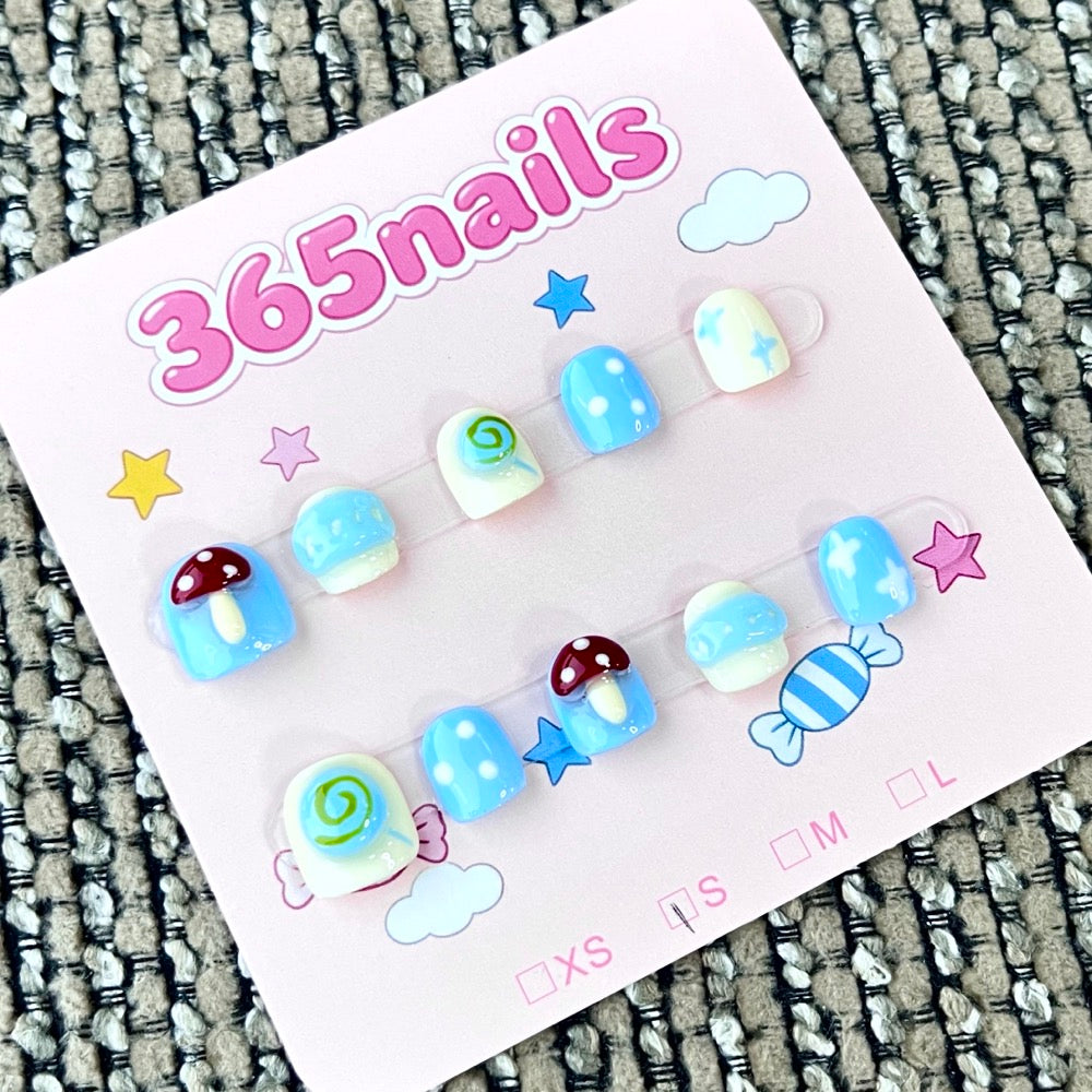 365nails: "Candy Clouds" – 3D Mushroom & Lollipop Handmade Short Square Nails