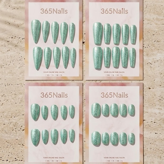 "Dazzling Mint Green" - Glitter Handmade Nails (3 Shapes Available)