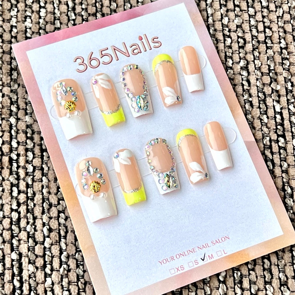 "Néon manucure française cristal coquillage" - Vente en gros, ongles faits main ultra-doux à ajustement flexible (MOQ=100)