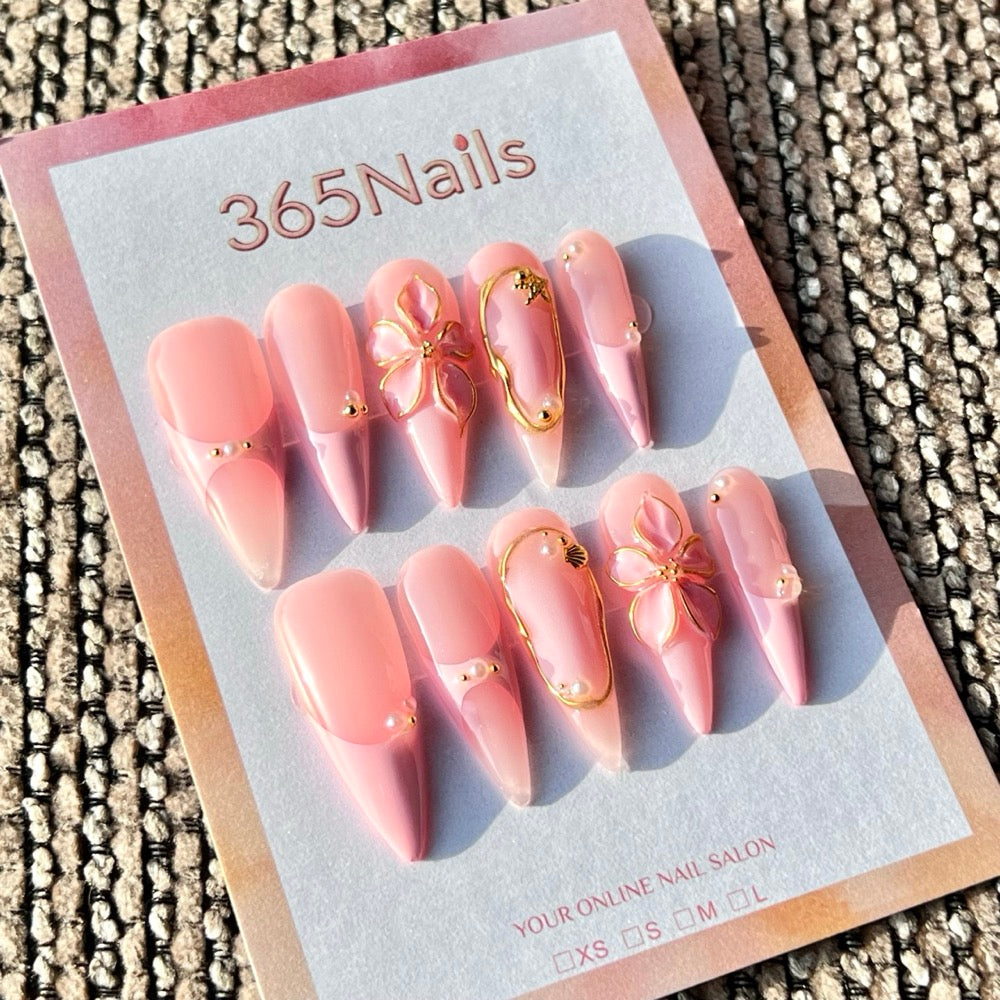365nails: "Pink French Tip Floral" – Handmade Medium Stiletto Press-On Nails