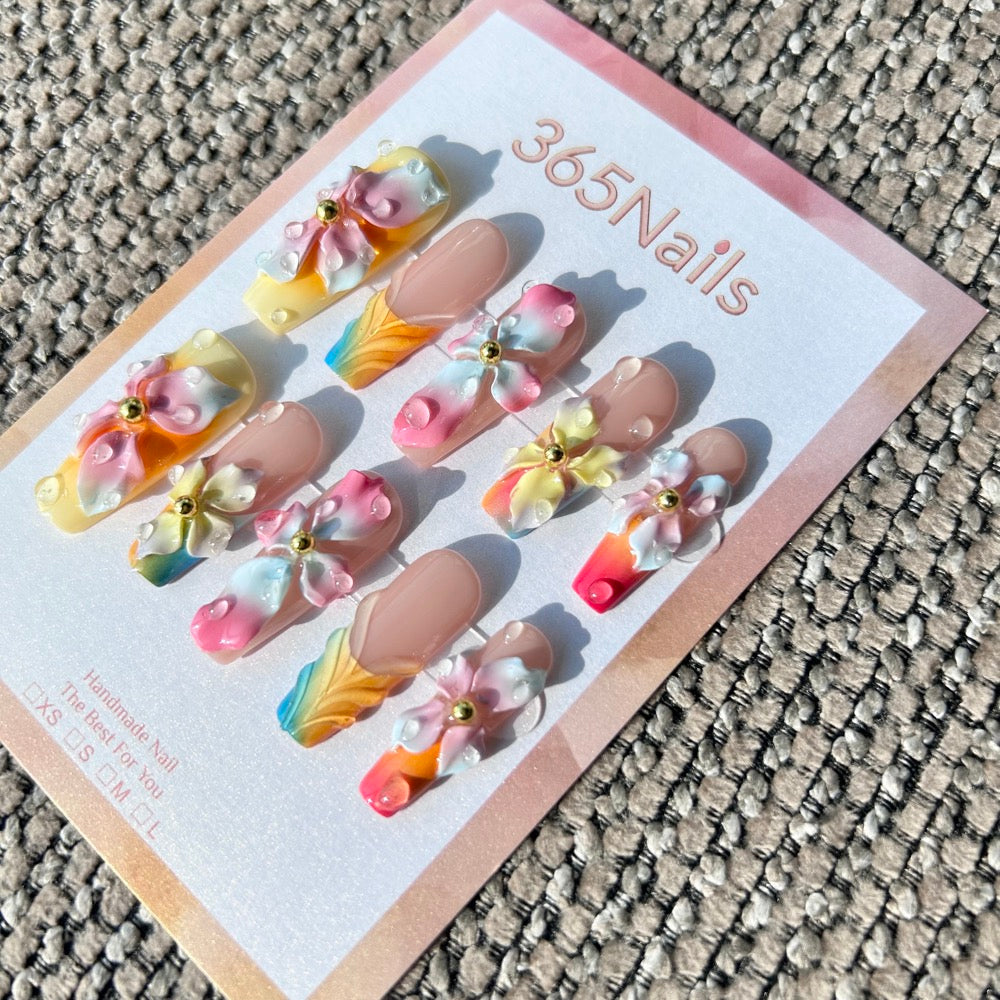 Handmade "Sunset Paradise" 3D Floral Press-on Nails | Ombré Rainbow & Textured Leaf French | Long Coffin