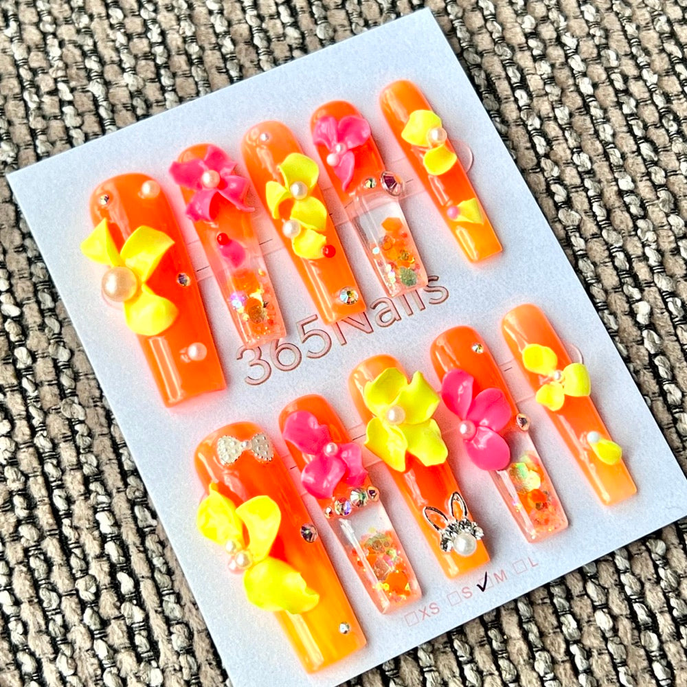 365nails: "Sunset Tangerine Bloom" – Handmade Liquid Motion Press-On Medium Square Nails-4cm