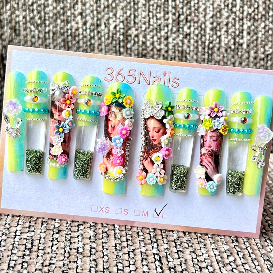 365nails: "Tropical Floral Maiden" – Handmade Liquid Motion Press-On Long Pipe Nails-5.5cm