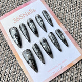 Femme Fatale: "Phantom Lace" – Smokey Grey Translucent Base with Black Lace Texture & Silver Chrome Crosses Long Stiletto Nails