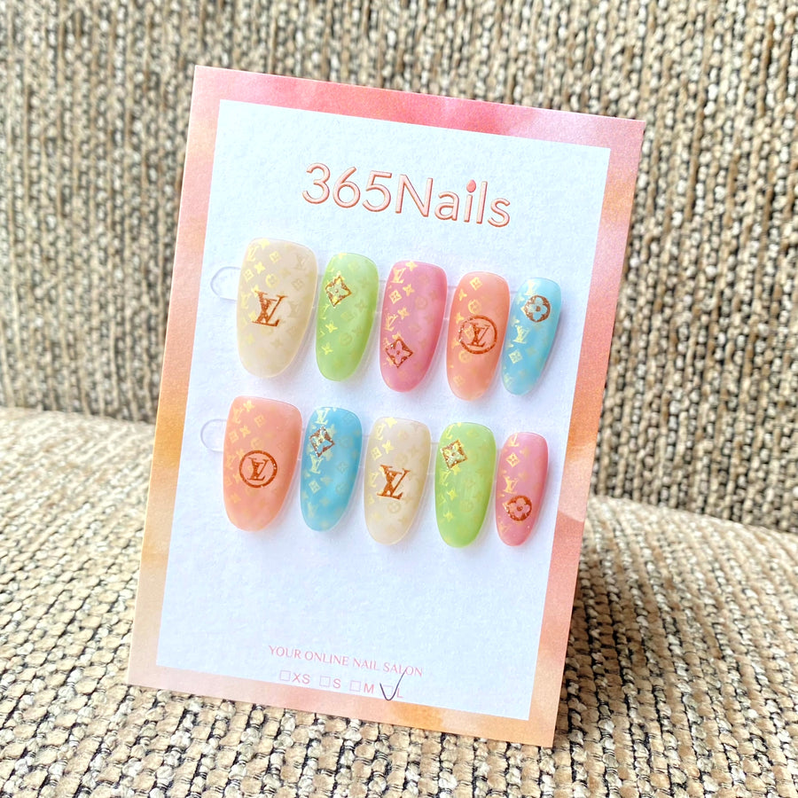 Luxury Logo 365nails: "Pastel Rainbow Jelly" – Gold Foil Luxury Monogram Handmade Oval Nails
