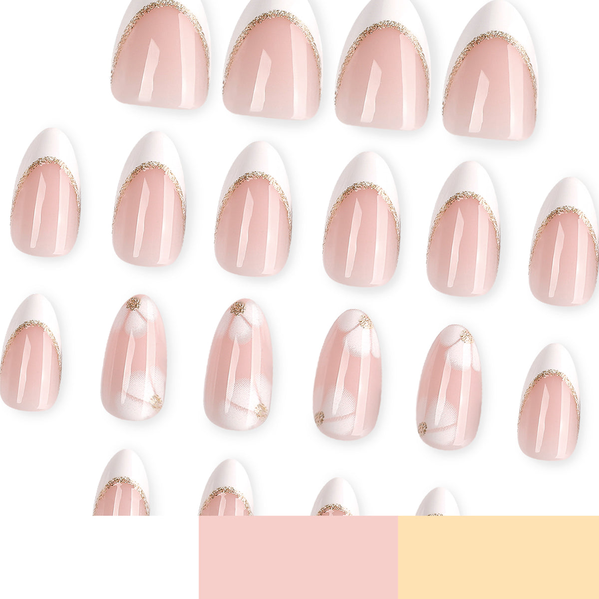 Multiple almond press-on nails shown in sizes with white French tips and gold shimmer accents