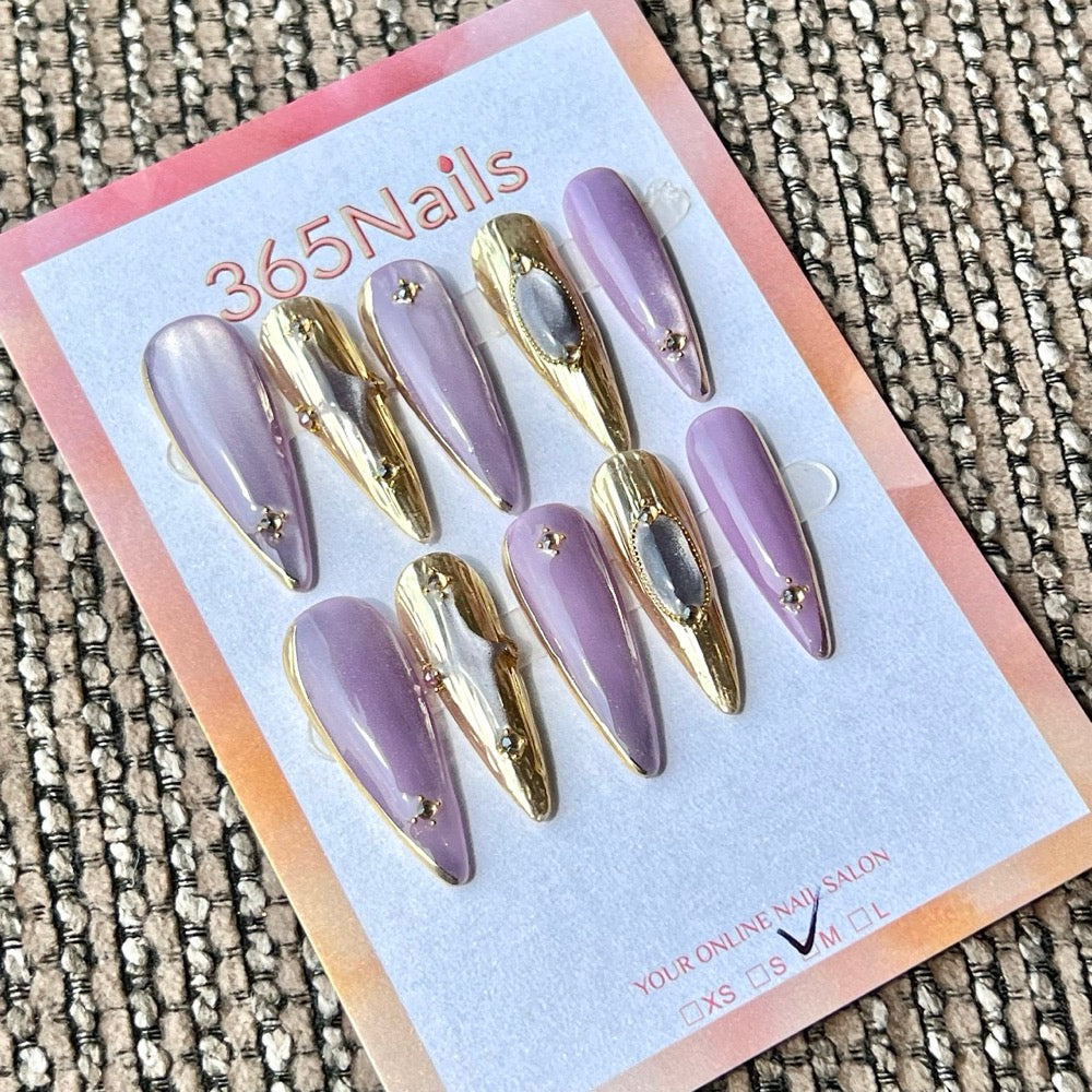365nails: "Amethyst Regal" – Gemstone Accent Metallic Gold & Purple Handmade Stiletto Nails