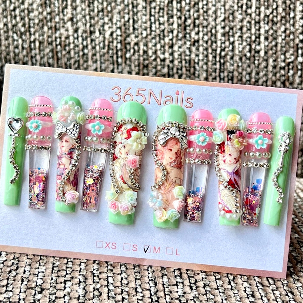 365nails: "Pastel Floral Princess" – Handmade Liquid Motion Press-On Long Pipe Nails-5.5cm