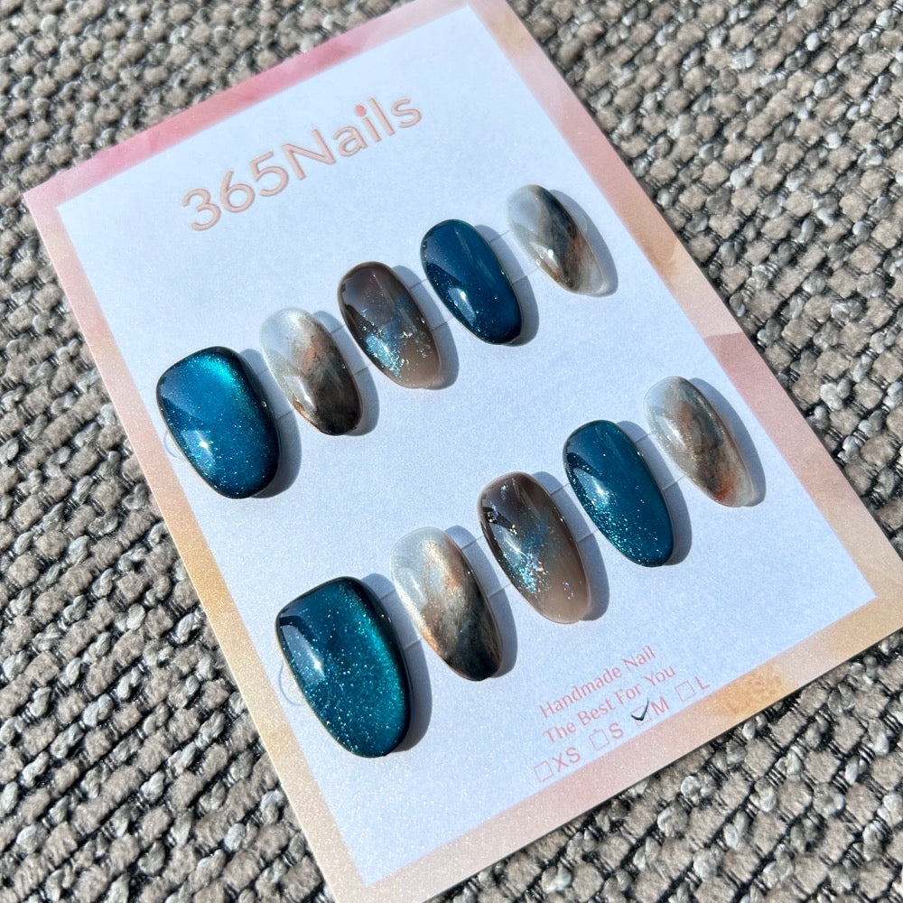 Ethereal Ink: "Deep Sea Mineral" – Peacock Teal Cat Eye & Bronze Brown Marble Short Oval Nails