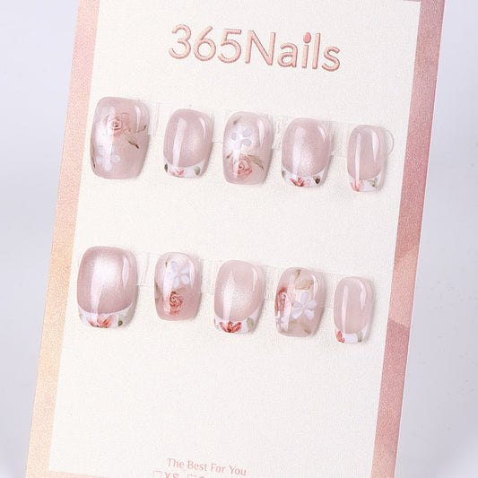 365Nails Nude Pink Floral French Pearl-Toe Press-Ons
