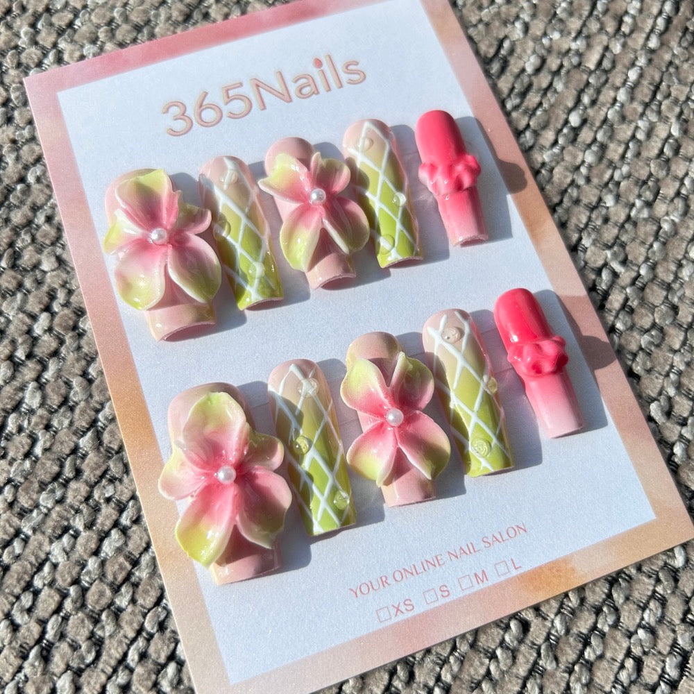 Sculpted Flora: "Pistachio Garden Party" – 3D Pink Hibiscus & Quilted Green Coffin Nails
