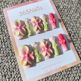 Sculpted Flora: "Pistachio Garden Party" – 3D Pink Hibiscus & Quilted Green Coffin Nails