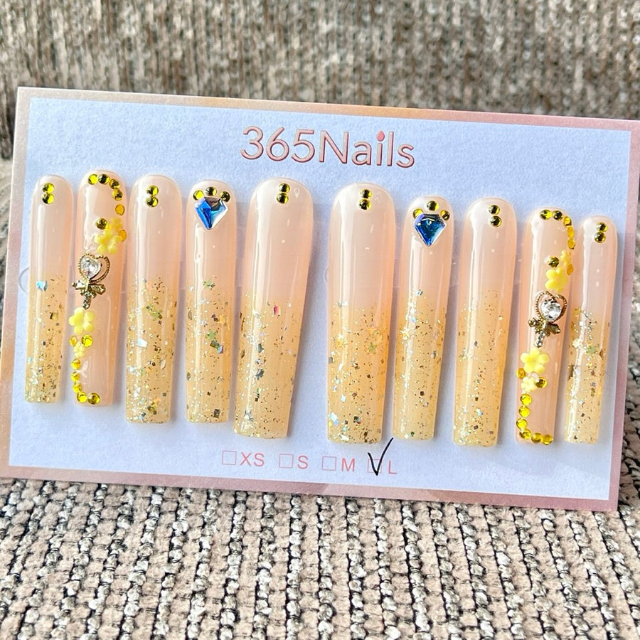 365nails: "Flor de Glitter Dourado Nude" – Unhas Postiças Trapezoidais Longas Artesanais