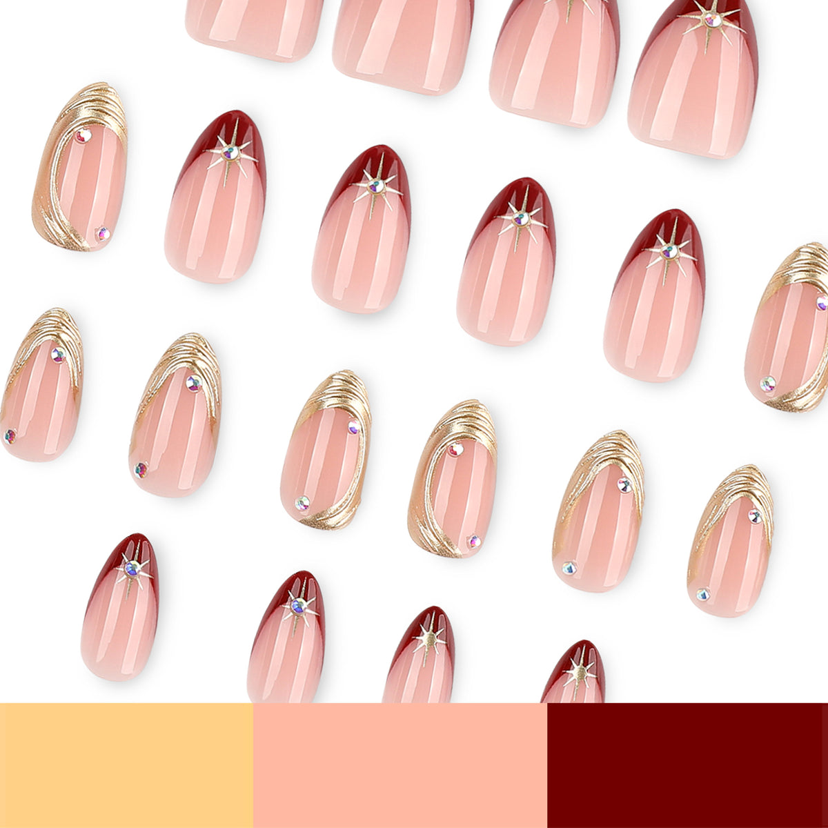 Flat lay of nude press-on nails with gold line art and burgundy star accents.