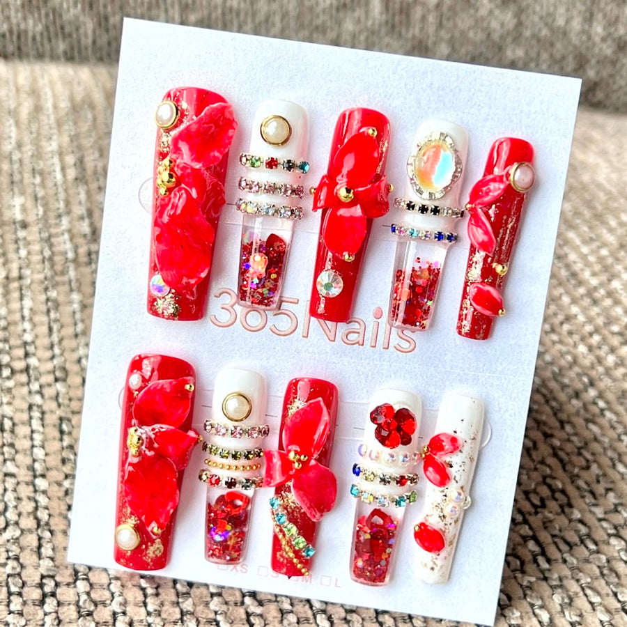 365nails 진홍빛 꽃잎의 화려함 수제 리퀴드 모션 프레스온 네일 (미디엄, 스퀘어형, 4cm)