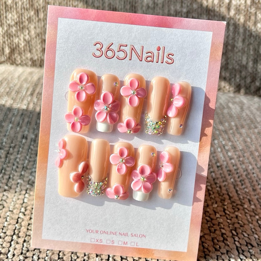365nails: "Pink 3D Flower French" – Handmade Medium Square Press-On Nails
