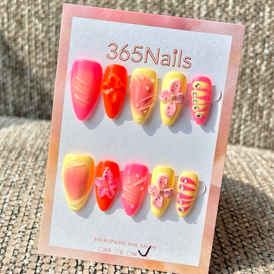 365nails: "Rainbow Flower Bubble 3D" – Handmade Medium Stiletto Press-On Nails