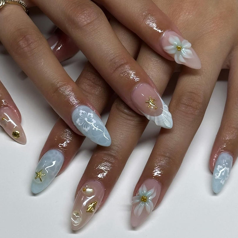 3D French Floral Glossy Pink White Almond Short Press On Nails – Design 5