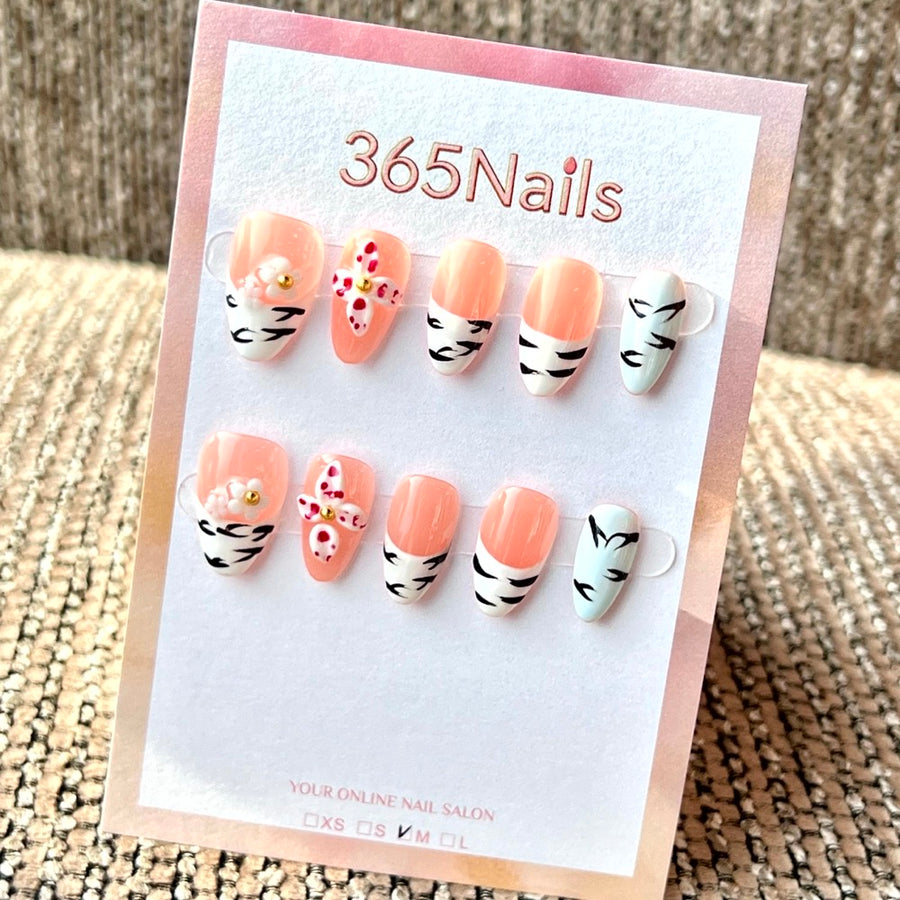 "Peach Zebra Floral" - Wholesale Ultra-Soft Flexible Fit Handmade Nails (MOQ=100)