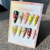 Handmade Botanical Garden 3D Floral Press-on Nails | Dark Green & Pink Stiletto | Dewdrops & Vines | 10pcs Set