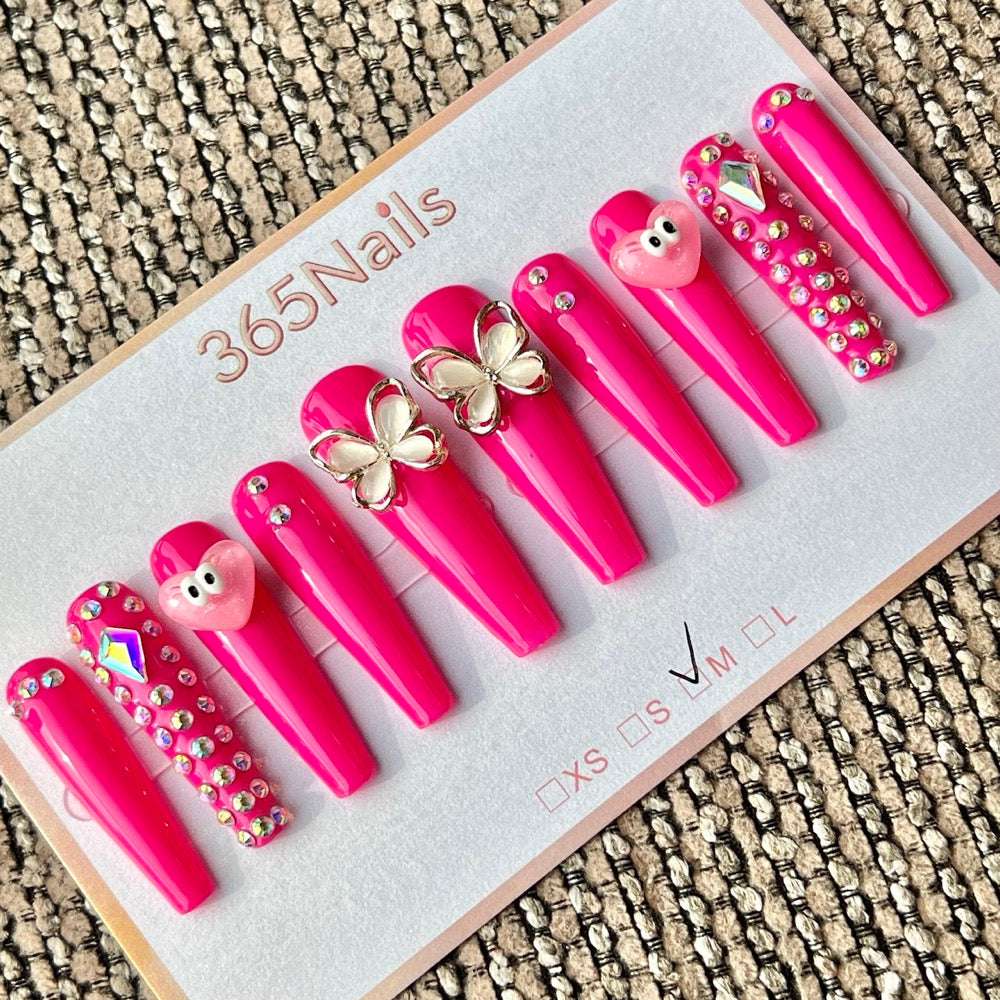 365nails: "Hot Pink Butterfly Heart Medium" – Handmade Medium Trapezoid Press-On Nails