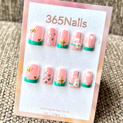 "Pink Green French Floral Gold Charm" - Wholesale Ultra-Soft Flexible Fit Handmade Nails (MOQ=100)