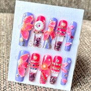 365nails: "Monster Bloom Kawaii" – Handmade Liquid Motion Press-On Medium Square Nails-4cm