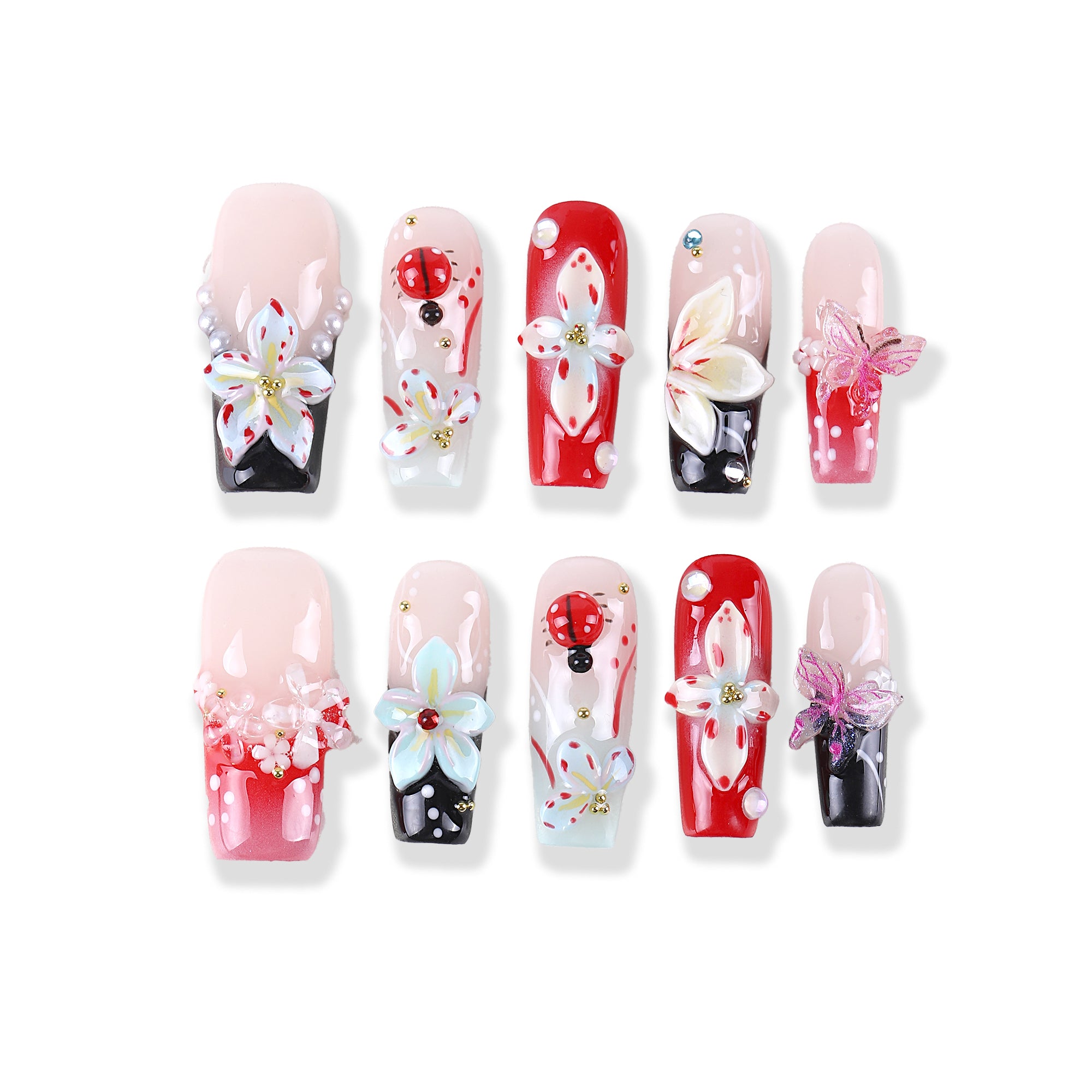 Sakura Pink Black Flower Butterfly Medium Square 3D Flower Ladybug Pearl Press on nail