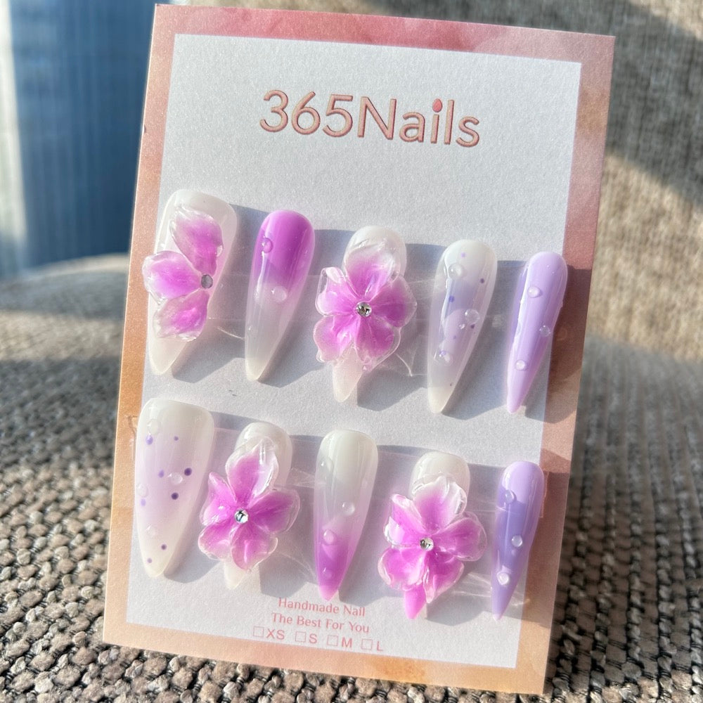 Sculpted Flora: "Lavender Dewdrop" – 3D Translucent Purple Flowers & Wet Look Water Droplets on Stiletto Nails