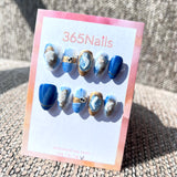 365nails: "Azure Moon" – Blue Marble & 3D Gold Crescent Handmade Almond Nails