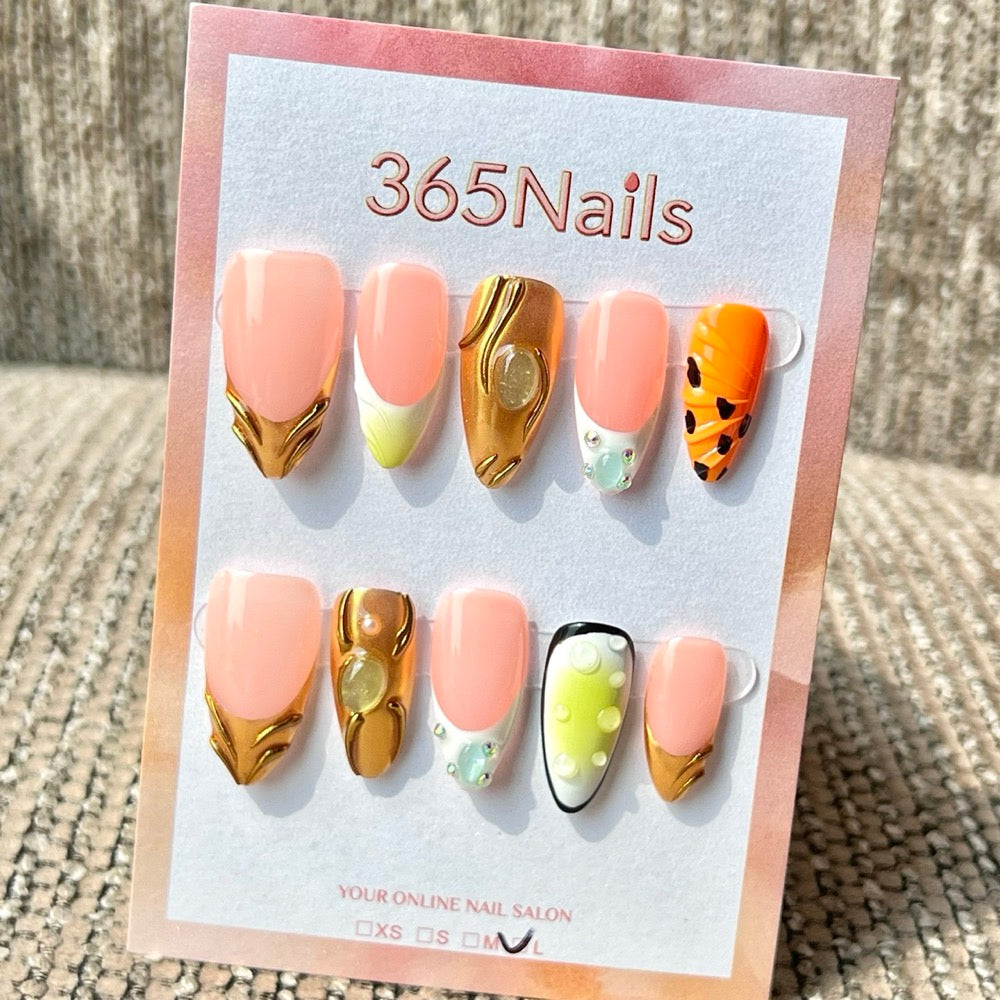 365nails: "Luxury Gold Chrome Citrus Mix" – Handmade Medium Stiletto Press-On Nails