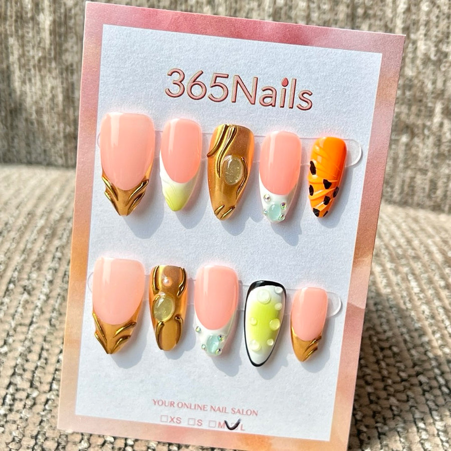 365nails: "Luxury Gold Chrome Citrus Mix" – Handmade Medium Stiletto Press-On Nails