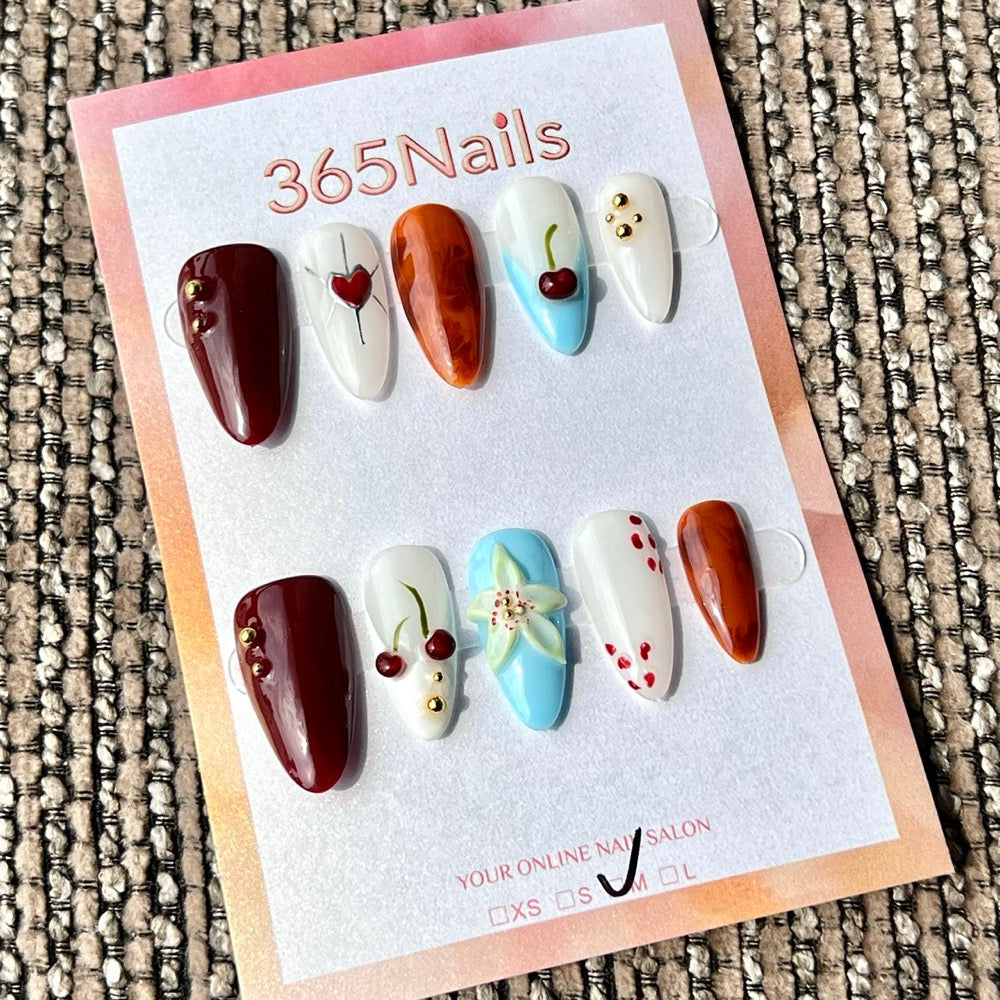 365nails: "Burgundy Cherry Amber Heart Mix" – Handmade Medium Stiletto Press-On Nails
