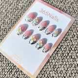 Handmade "Zebra & Blue Flower" French Tip Press-on Nails | Animal Print & Polka Dots | Short Almond | 10pcs Set