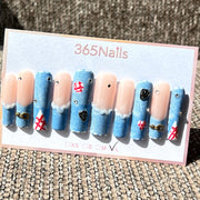 365nails: "藍色牛仔夢" – 3D立體緞帶與吊飾手工製長款棺材形穿戴甲