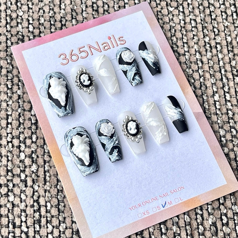 365nails: "Vintage Marble Cameo Sculpted Rose" – 3D Relief Handmade Long Coffin Nails