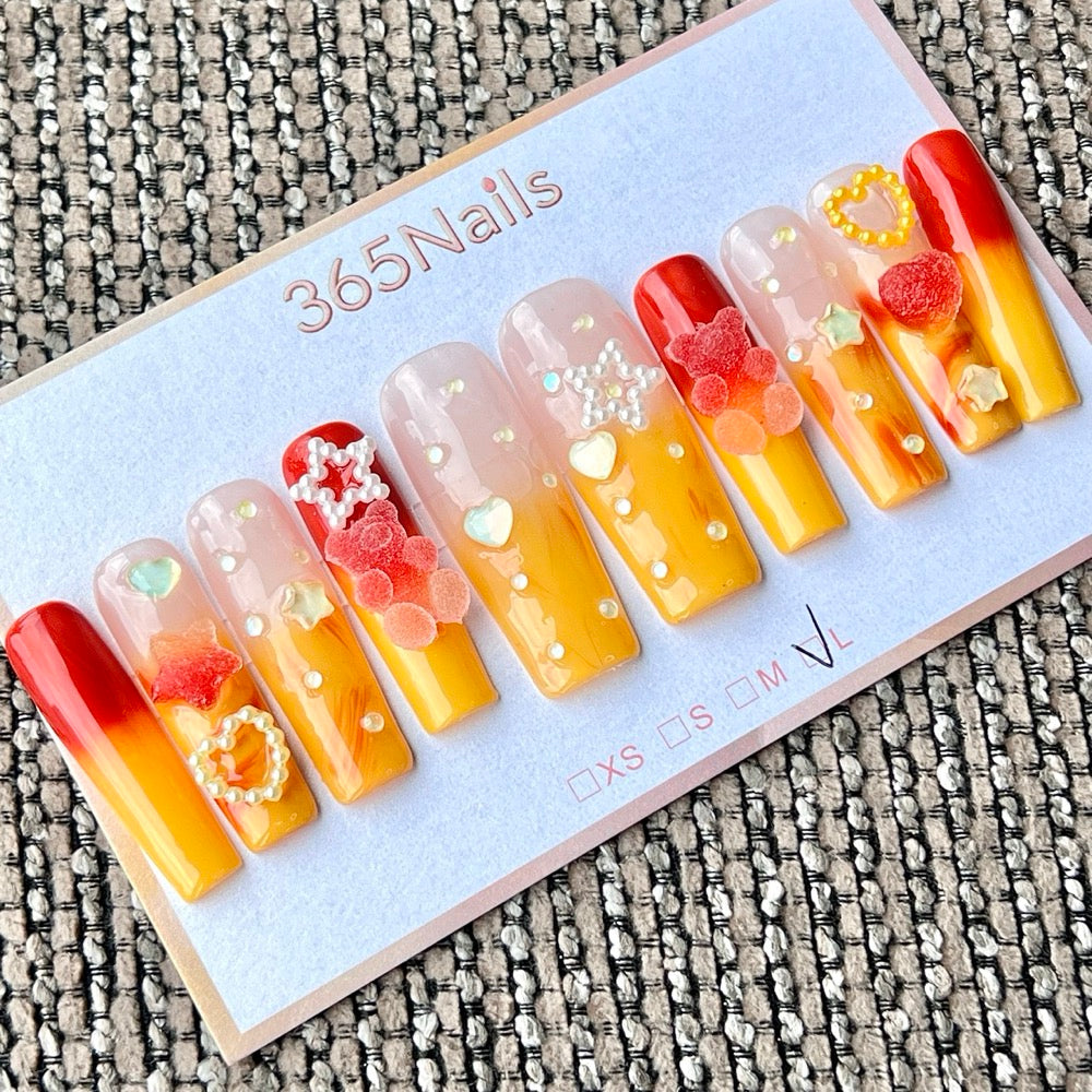 365nails: "Coucher d'agrumes" – ongles forme coffin, motifs fruits 3D, fait main