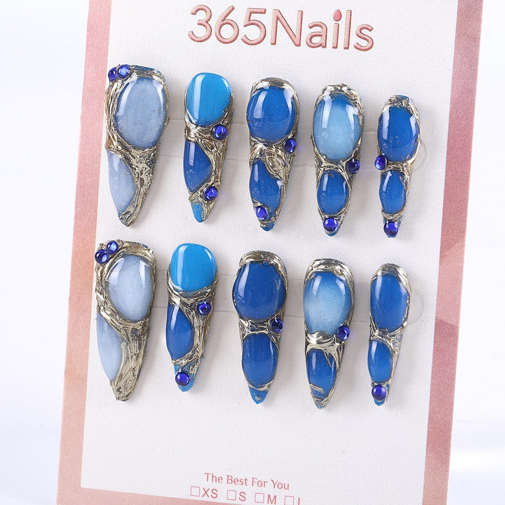 Blue Gemstone Metal Frame Press-On Nails with 3D Crystal Texture