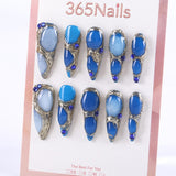 Blue Gemstone Metal Frame Press-On Nails with 3D Crystal Texture