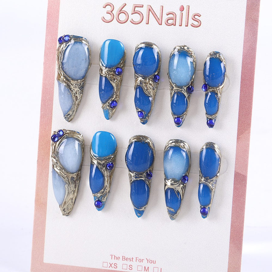 Blue Gemstone Metal Frame Press-On Nails with 3D Crystal Texture ( MOQ=5pcs )