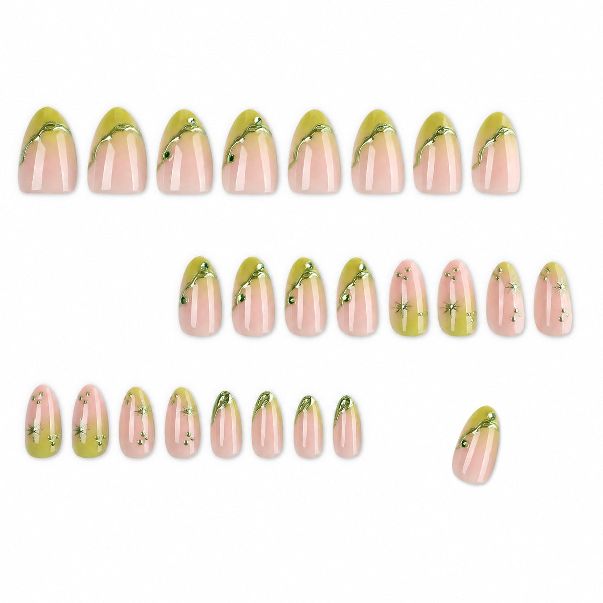 Product layout of green and pink press-on nails with 3D embellishments
