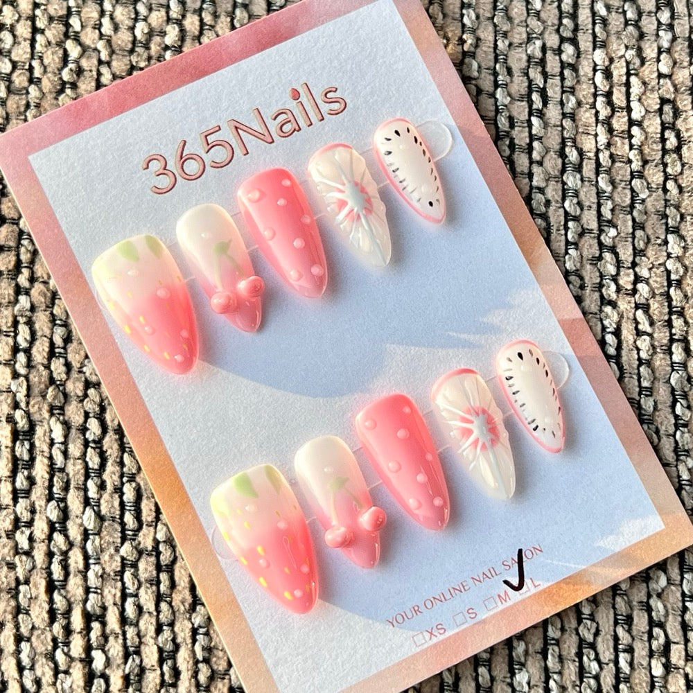 365nails: "Pink Fruit Mix 3D" – Handmade Medium Stiletto Press-On Nails