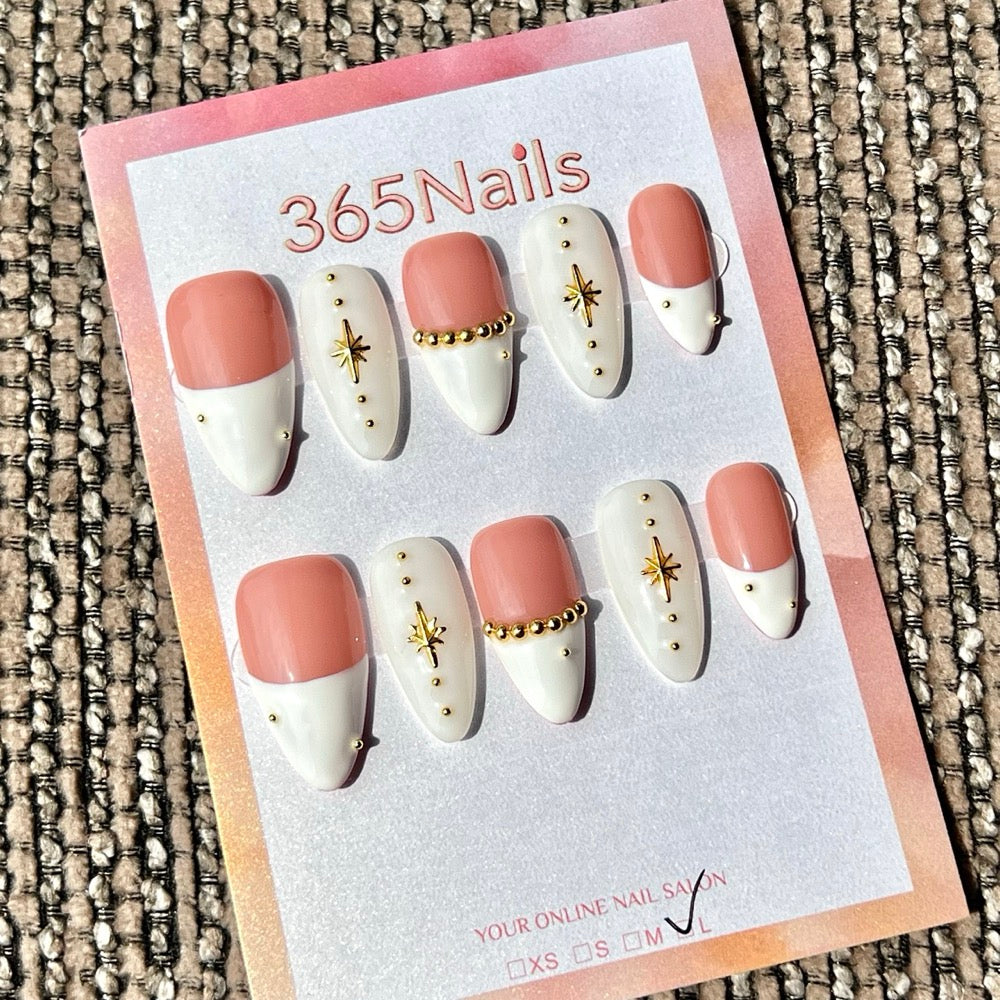 365nails: 金色星星法式 手工製 中長款 尖形 穿戴甲