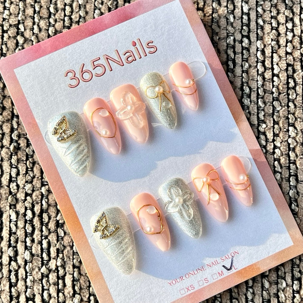 365nails: 핑크 실버 3D 나비 리본 진주 수제 미디엄 스틸레토형 프레스온 네일